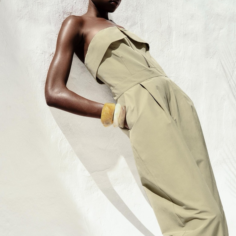 Zara NWT pale olive green zipper front foldover strapless bandeau tube jumpsuit - Picture 16 of 17